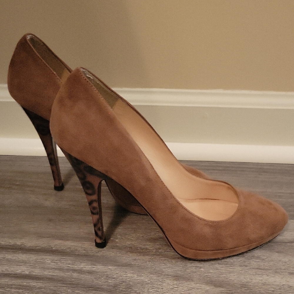 Brown Suede Stiletto Heels with Animal Print